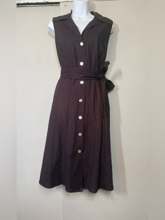 R&M Richards Dresses & Skirts - R&M Richards Sleeveless Dark Brown Button-Front Linen Midi Dress with Waist Tie